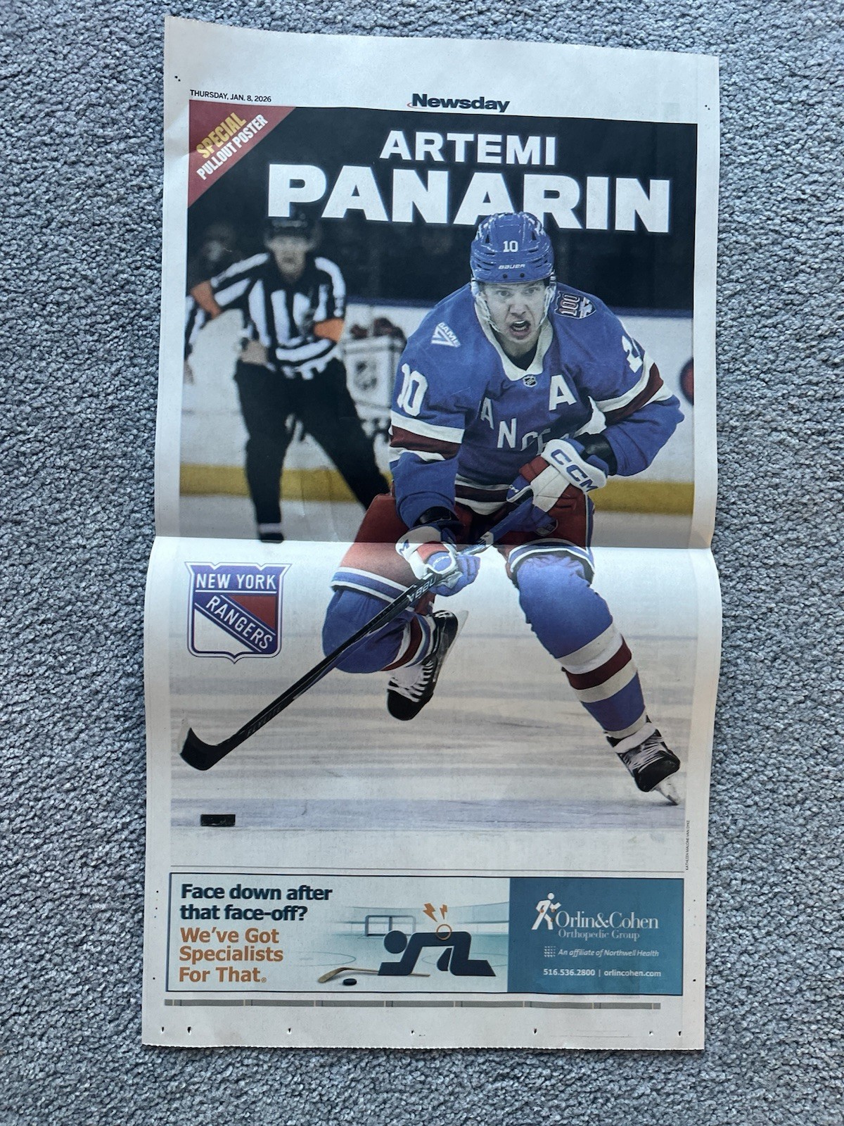 ARTEMI PANARIN NEW YORK RANGERS NEWSDAY CENTERFOLD POSTER L/E. NICE.