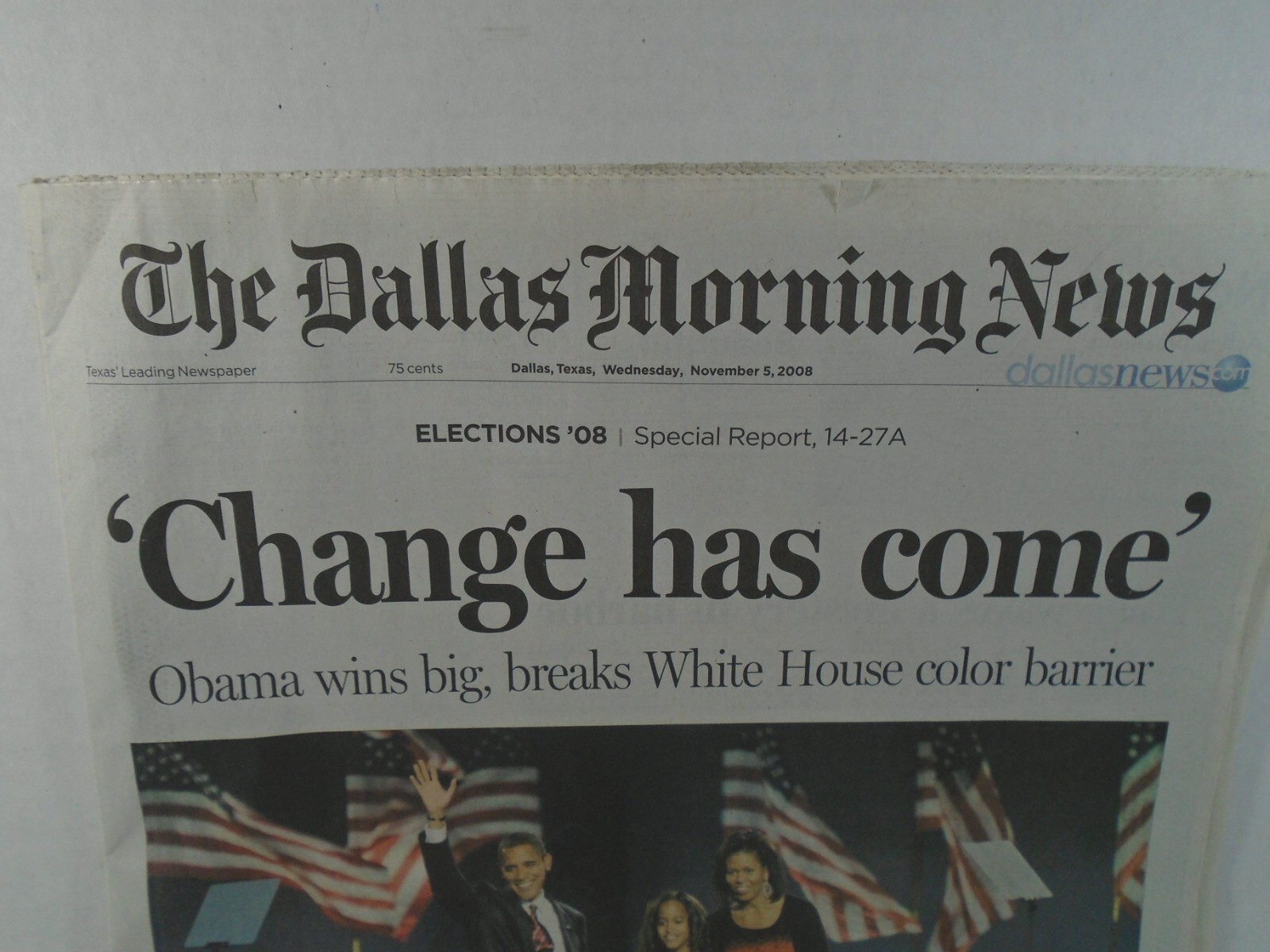 THE DALLAS MORNING NEWS–NOVEMBER 5. 2008–CHANGE HAS COME, OBAMA WINS BIG
