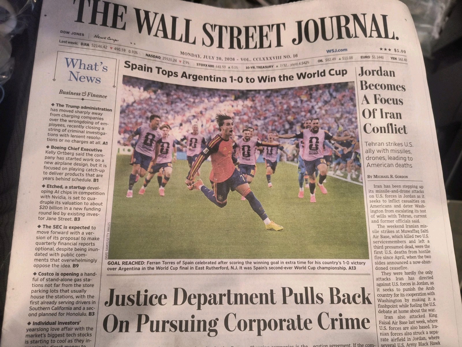 The Wall Street Journal Monday July 20 2026 Spain Tops Argentina 1-0 to Win the