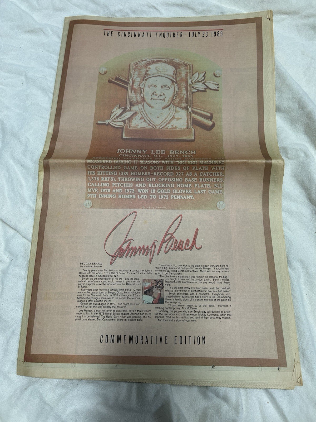 The Cincinnati Enquirer July 23, 1989 Johnny Bench’s into Baseball Hall of Fame