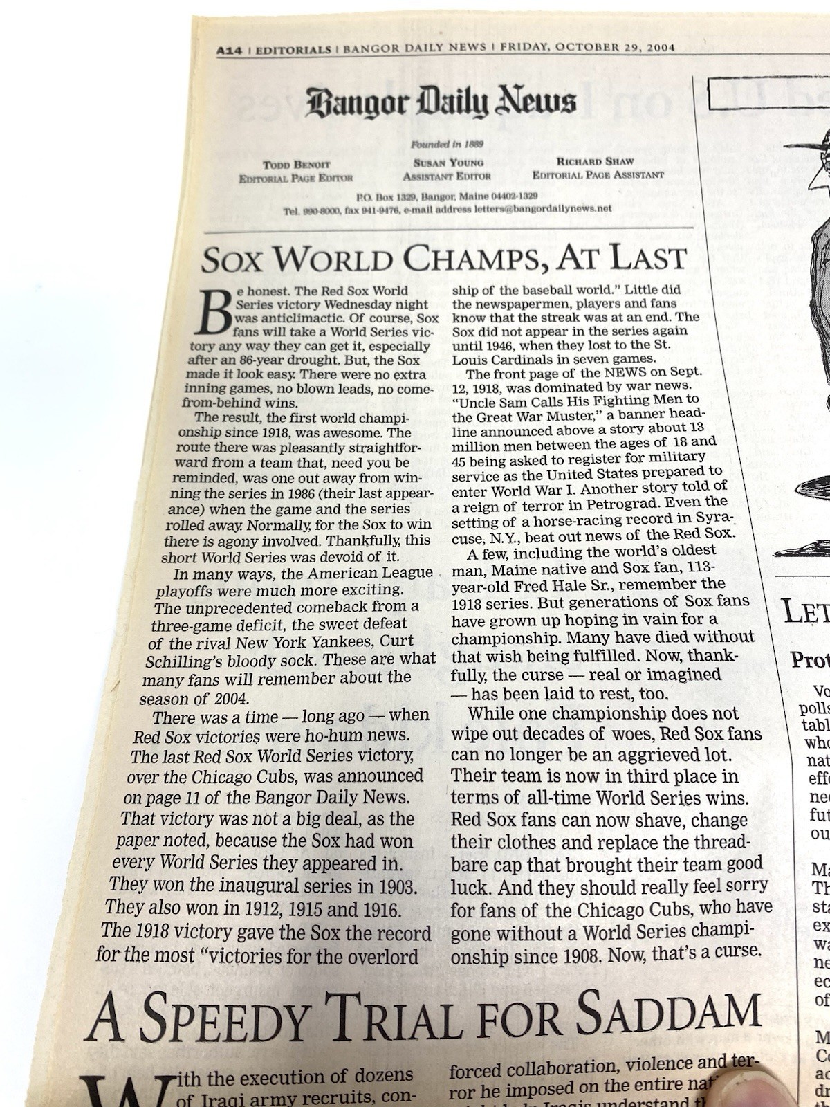 2004 Boston Red Sox World Series Champions newspaper Bangor Daily News (Maine)