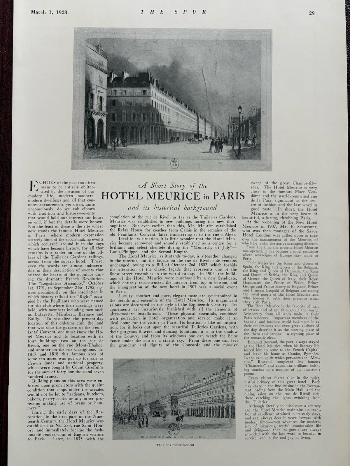 Hotel Meurice Paris History Original Vintage Magazine Article Ad Drawings 1928