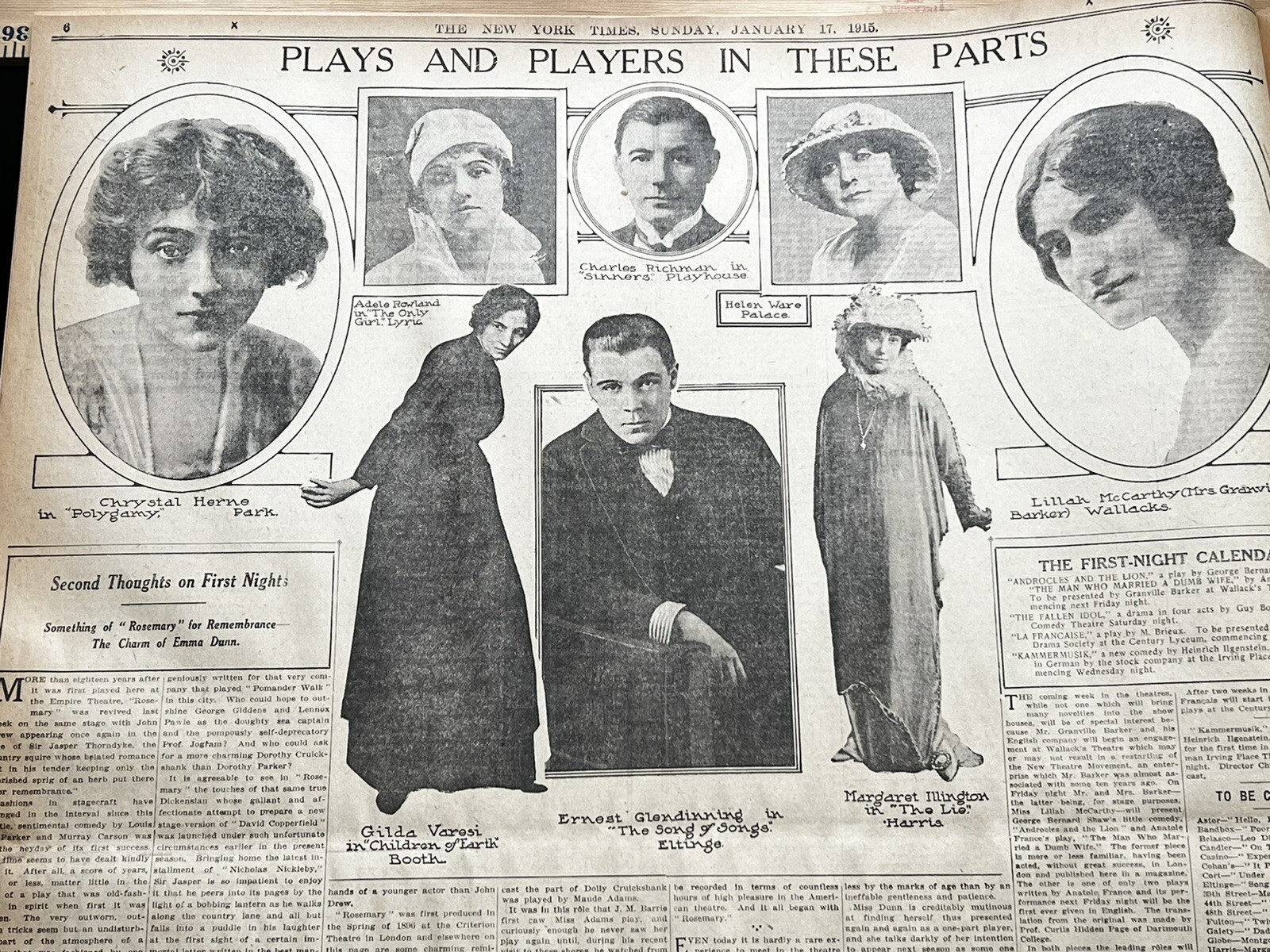 1915 NY History Antique Newspaper -1/17 Broadway Show Star Ads Fashion/Music NYT