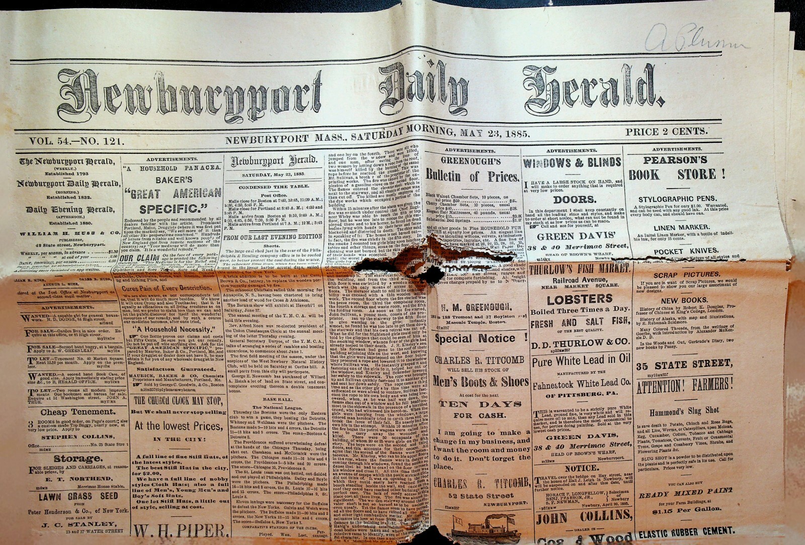 Newburyport Daily Herald Newspaper May 23 1885 National League Baseball