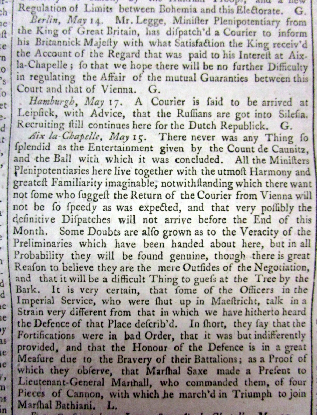 1748 newspaper COLONIAL AMERICAN King Georges WAR ENDS-TREATY of AIX-LA-CHAPELLE