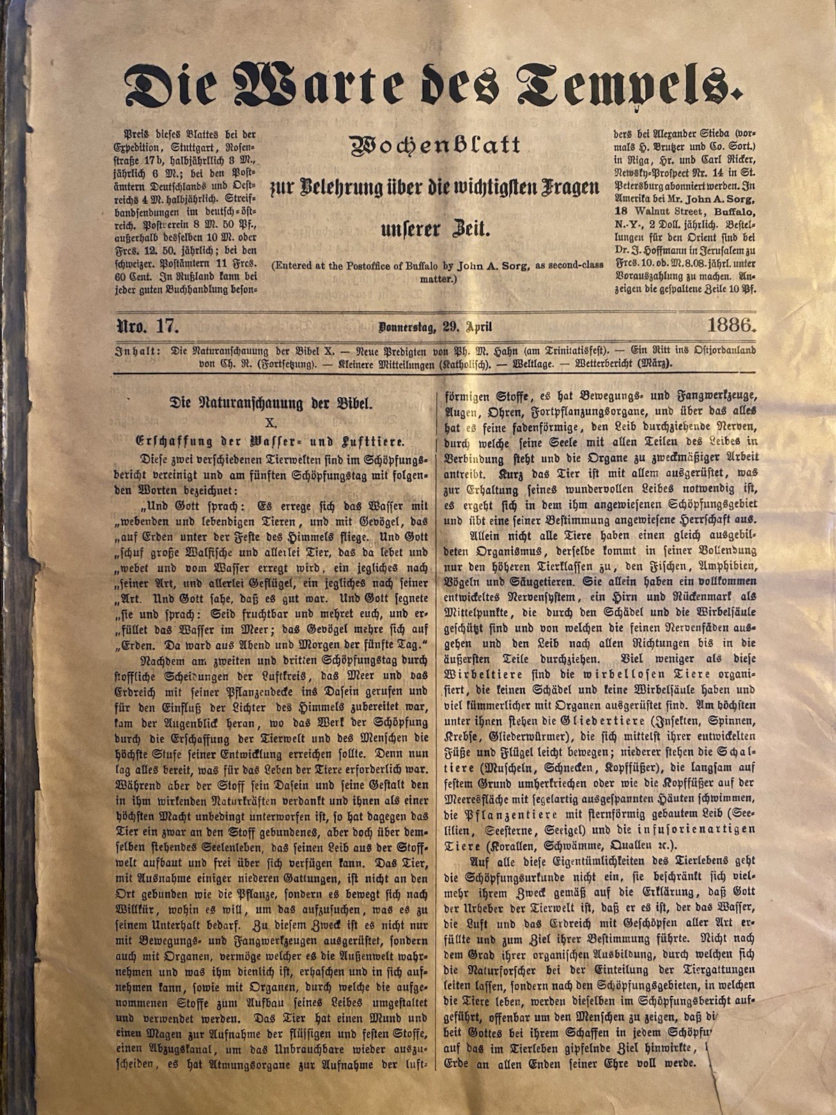 VERY RARE Newspaper Of Germany Settlers In Palestine 1886