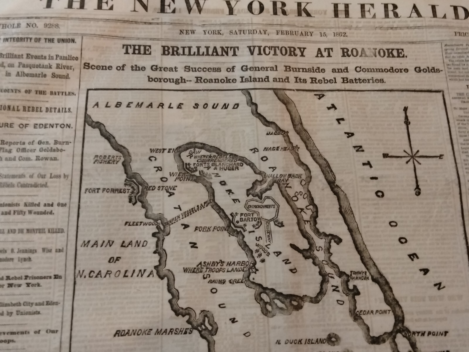 Civil War Newspapers- BRILLIANT VICTORY AT ROANOKE, BOMBARDMENT OF FORT DONELSON
