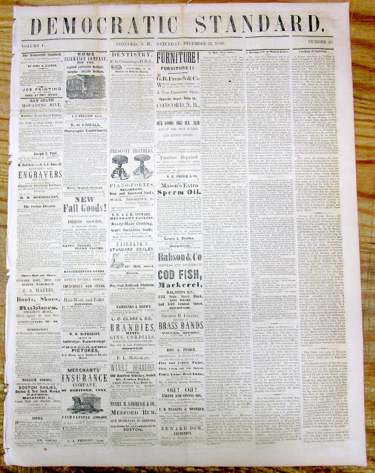 12-22-1860 newspaper wth a 1st news report SOUTH CAROLINA SECEDES from the UNION