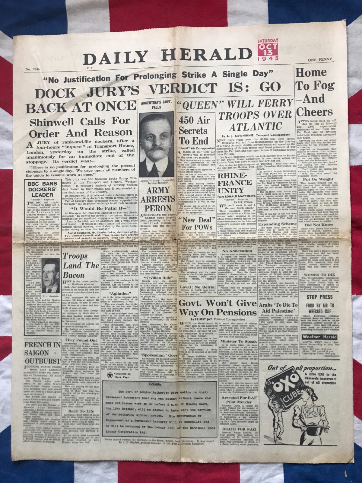1945 Newspaper UK National Service Argentina Troop Ship RMS Queen Elizabeth