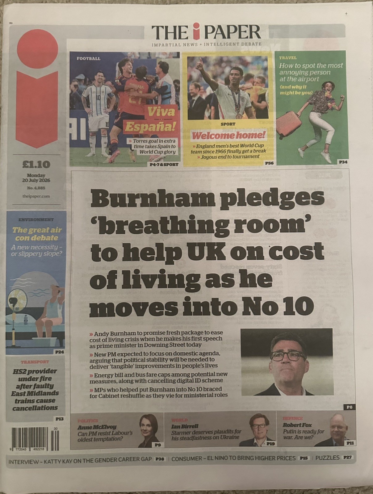 The I Paper 20th July 2026 20/7/26 Spain Beat Argentina & Win World Cup