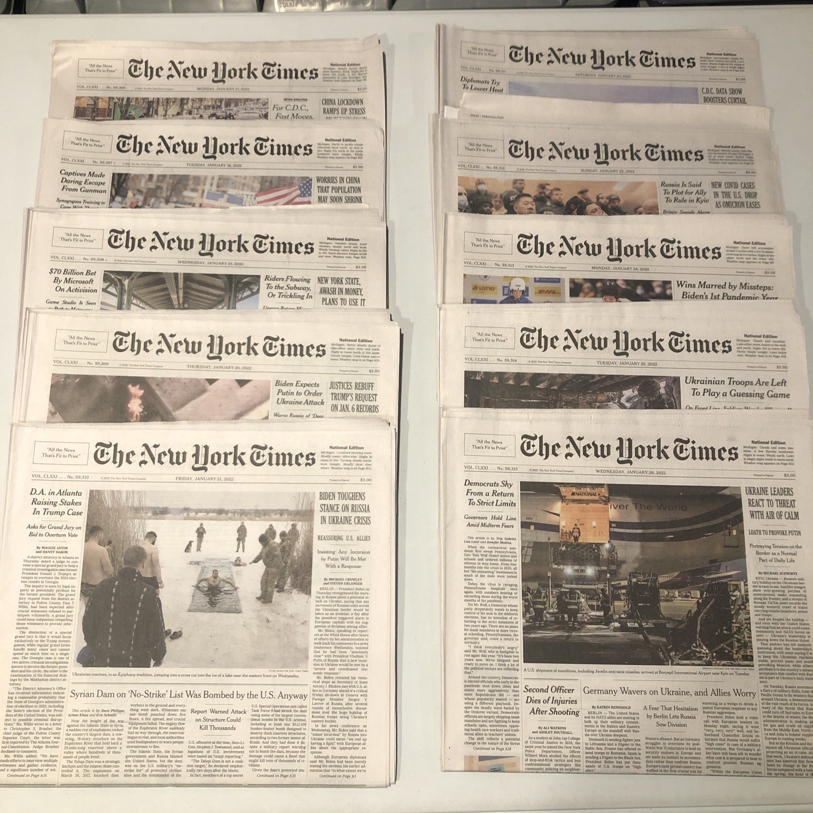 New York Times 10 Used Newspapers Lot, Jan 17 18 19 20 21 22 23 24 25 26, 2022