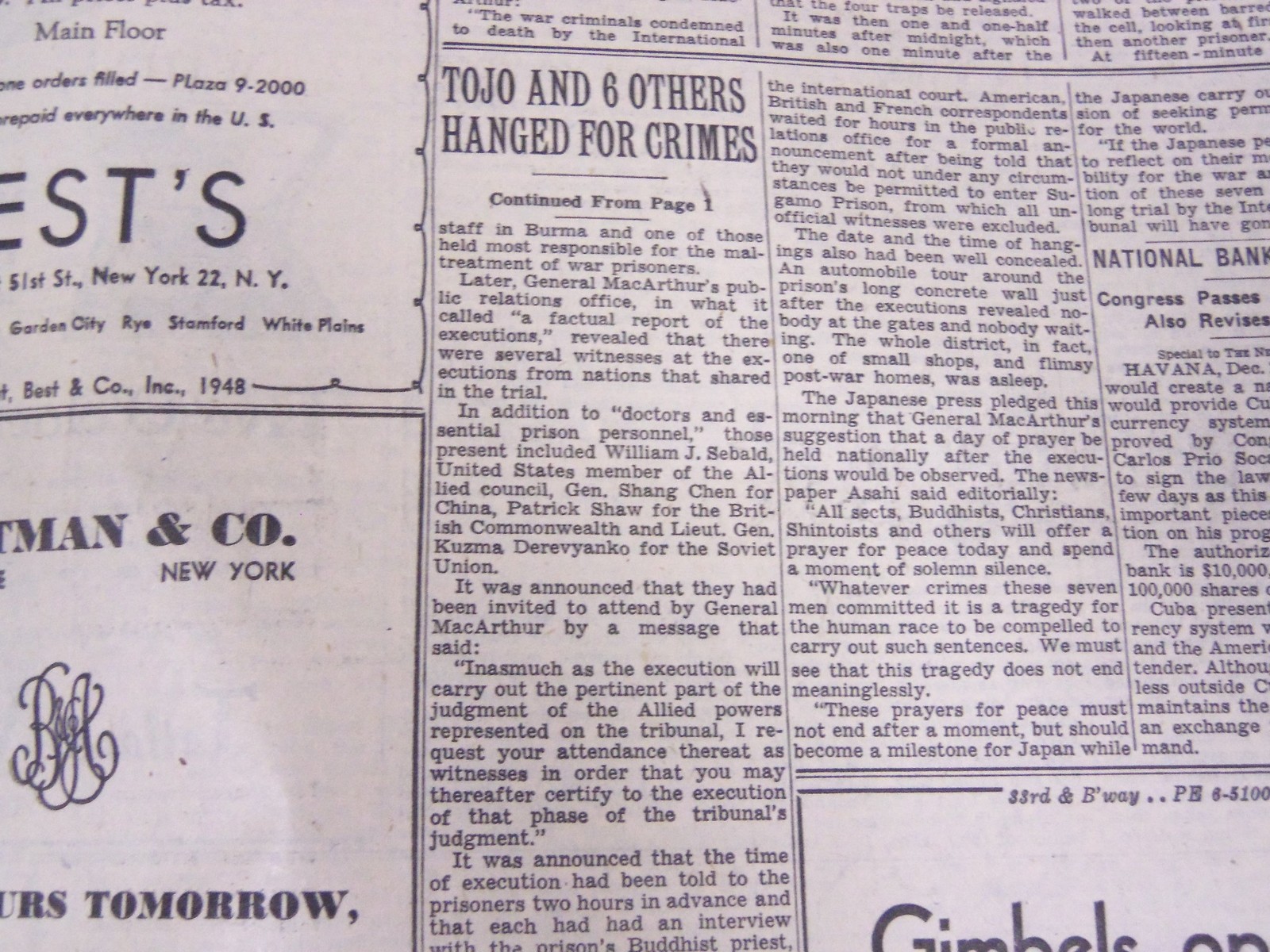 1948 DECEMBER 23 NEW YORK TIMES – TOJO AND 6 OTHERS HANGED – NT 3741