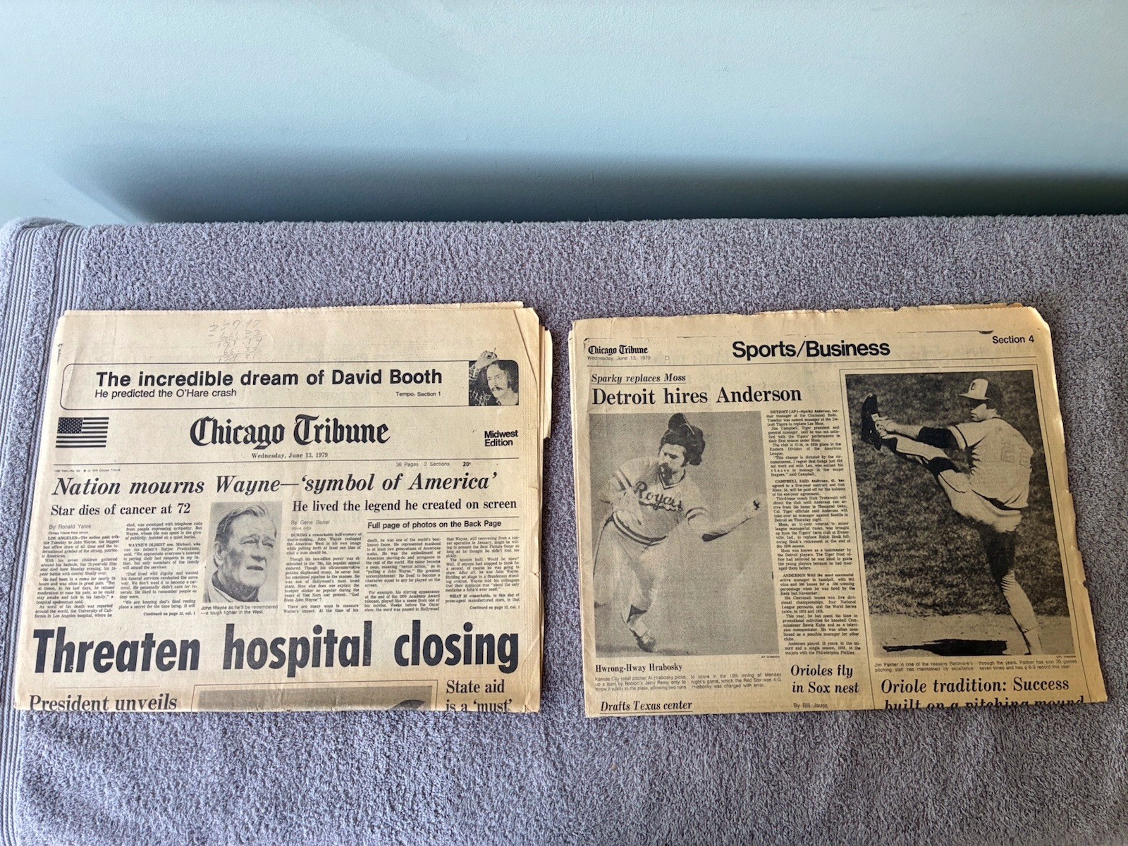 2~SECTIONS OF CHICAGO TRIBUNE NEWSPAPER RE: DEATH OF “THE DUKE” JOHN WAYNE~1979