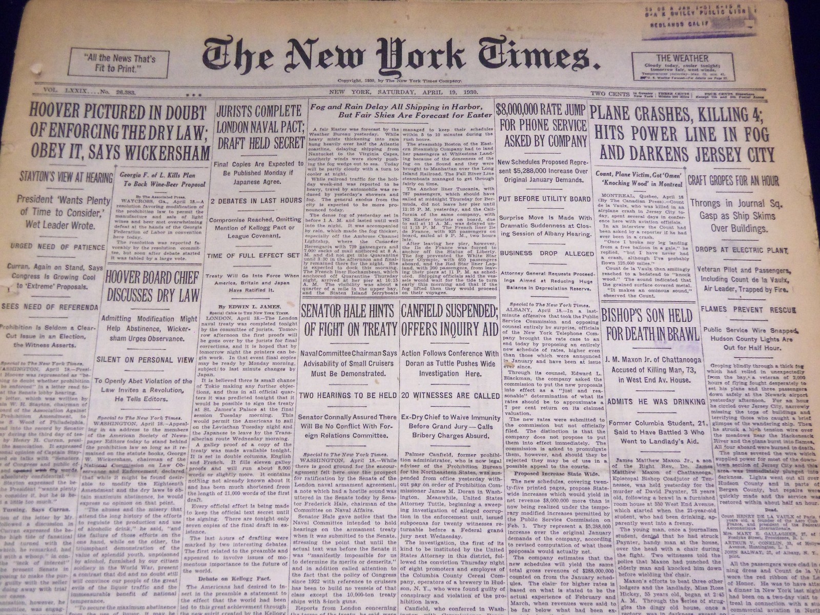 1930 APRIL 19 NEW YORK TIMES – JERSEY CITY PLANE CRASH KILLS 4 – NT 3889