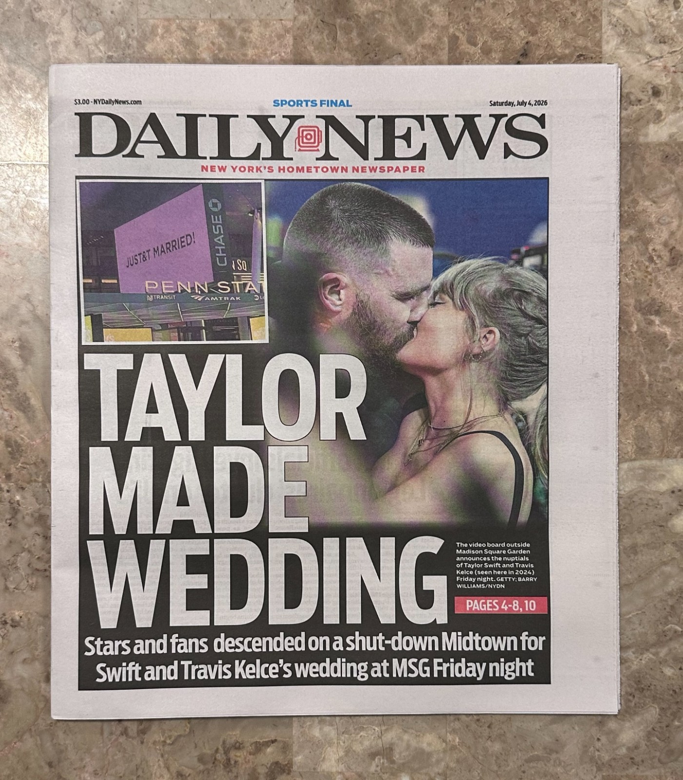 Taylor Swift Wedding Travis Kelce NY Daily News 7/4/26 NYC MSG Edition HISTORIC