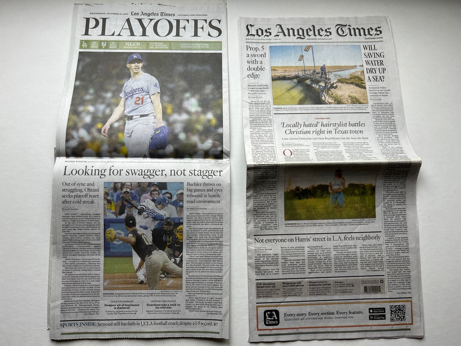 LOS ANGELES L.A. TIMES 2024 MLB Dodgers Playoff Oct / 16 Buehler, Ohtani