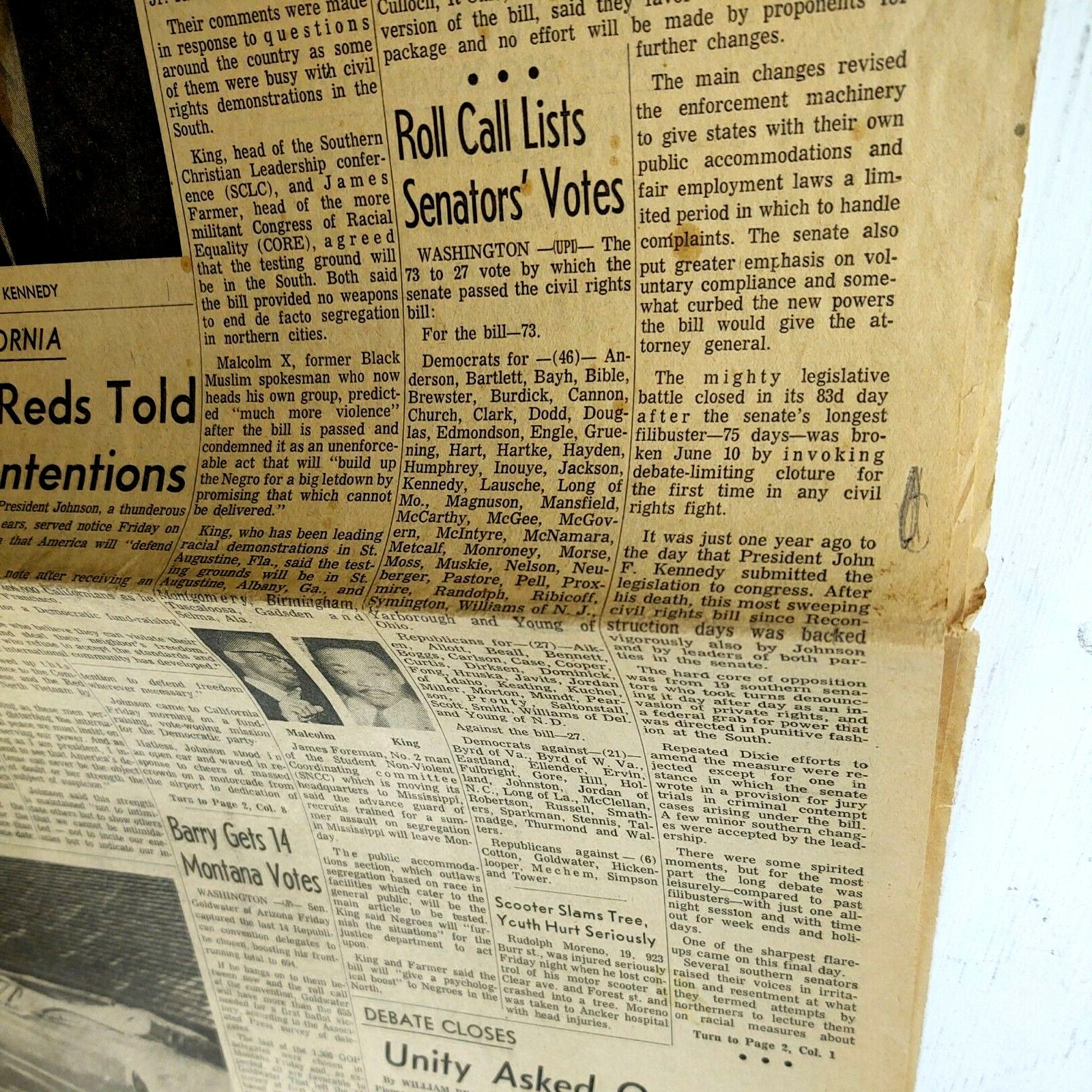Vintage Newspaper 1964 Edward Kennedy Plane Crash + MLK To Test Rights Bill
