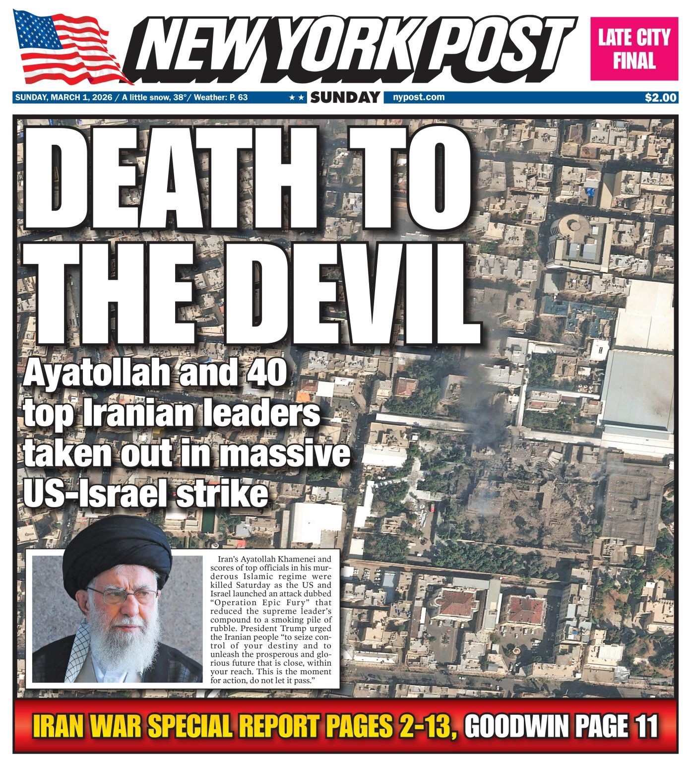 DEATH TO THE DEVIL US ISRAEL STRIKE BOMB IRAN AYATOLLAH DEAD NY Post Newspaper