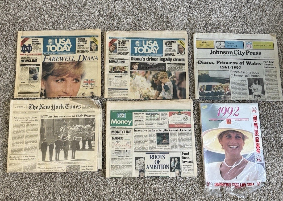 Princess Diana Newspaper Lot 1997 + 1992 Calendar | NY Times USA Today Tribute