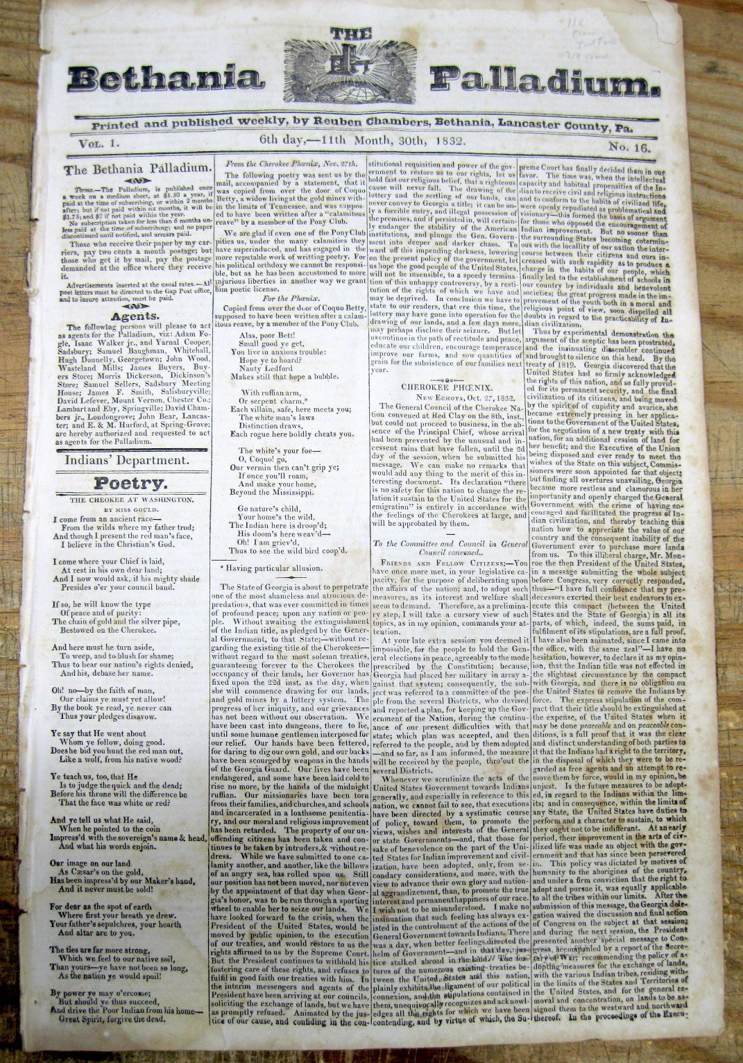 Rare1832 pro Native American Indian newspaper BETHANIA Lancaster Co PENNSYLVANIA