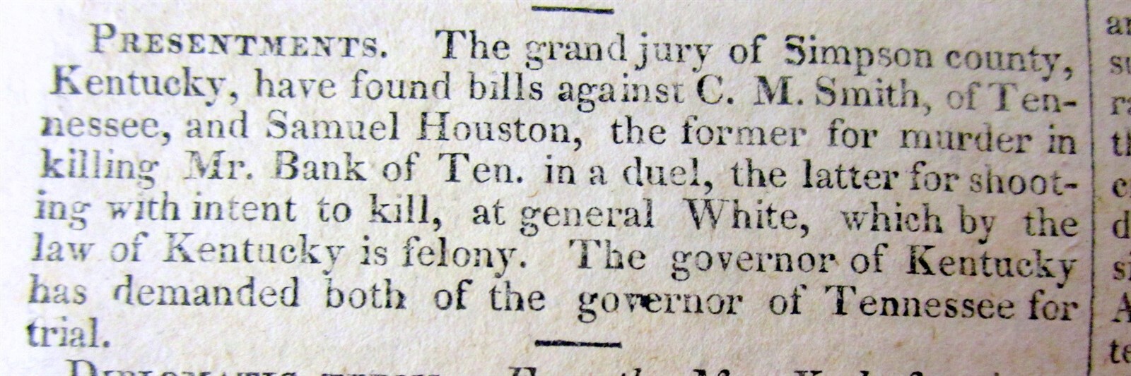 2 1827 newspapers w SAM HOUSTON as Governor of TENNESSEE before he went to TEXAS