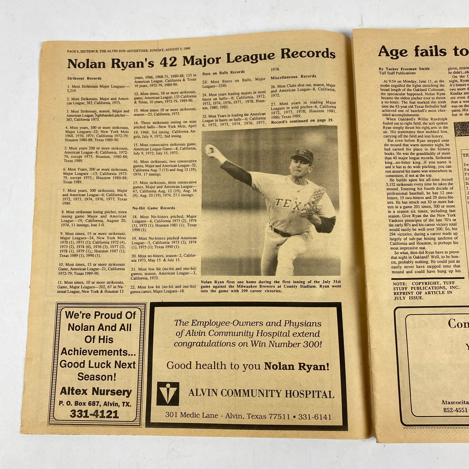 Alvin Sun Advertiser Newspaper Nolan Ryan Baseball Commemorative Edition 1990