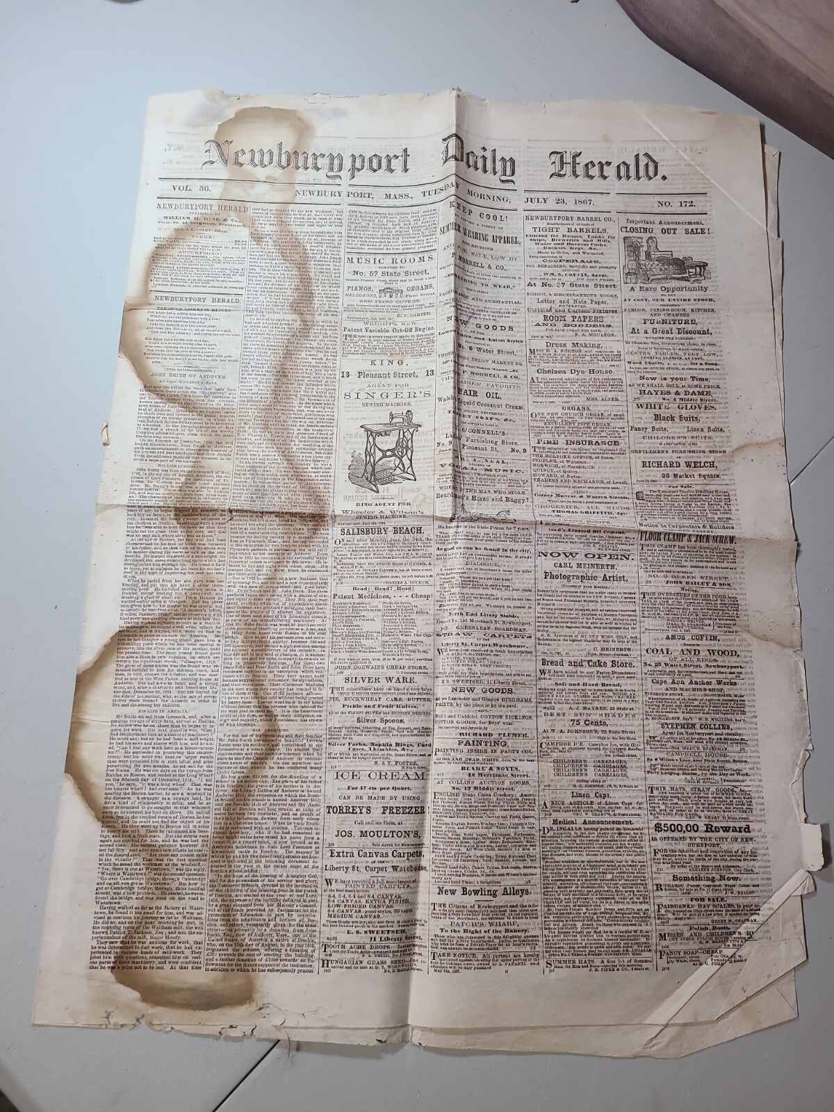 1867 Newburyport Daily Herald Antique Newspaper Newbury Port Massachusetts