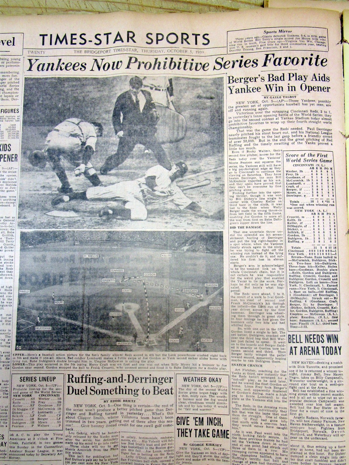 4 1939 newspapers NEW YORK YANKEES WIN BASEBALL WORLD SERIES vs CINCINNATI REDS