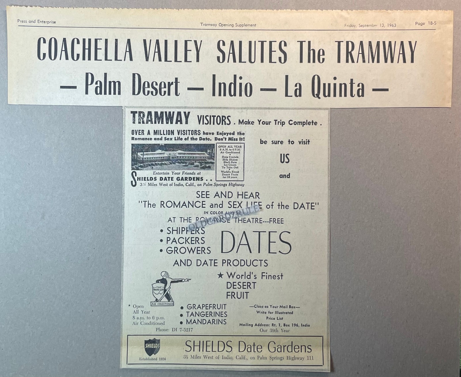 Original 60’s Newspaper Ad-SHIELDS Date Gardens, Coachella Salutes PS Tramway