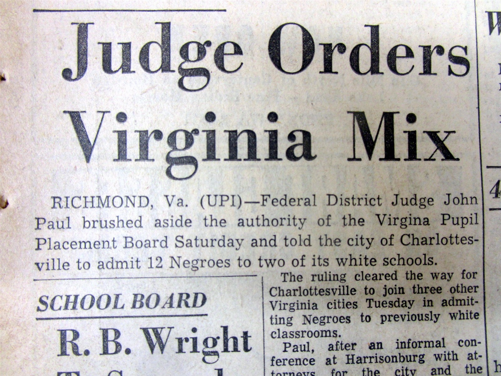 1959 GA newspaper Federal Judge orders VIRGINIA PUBLIC SCHOOLS to DESEGREGATE