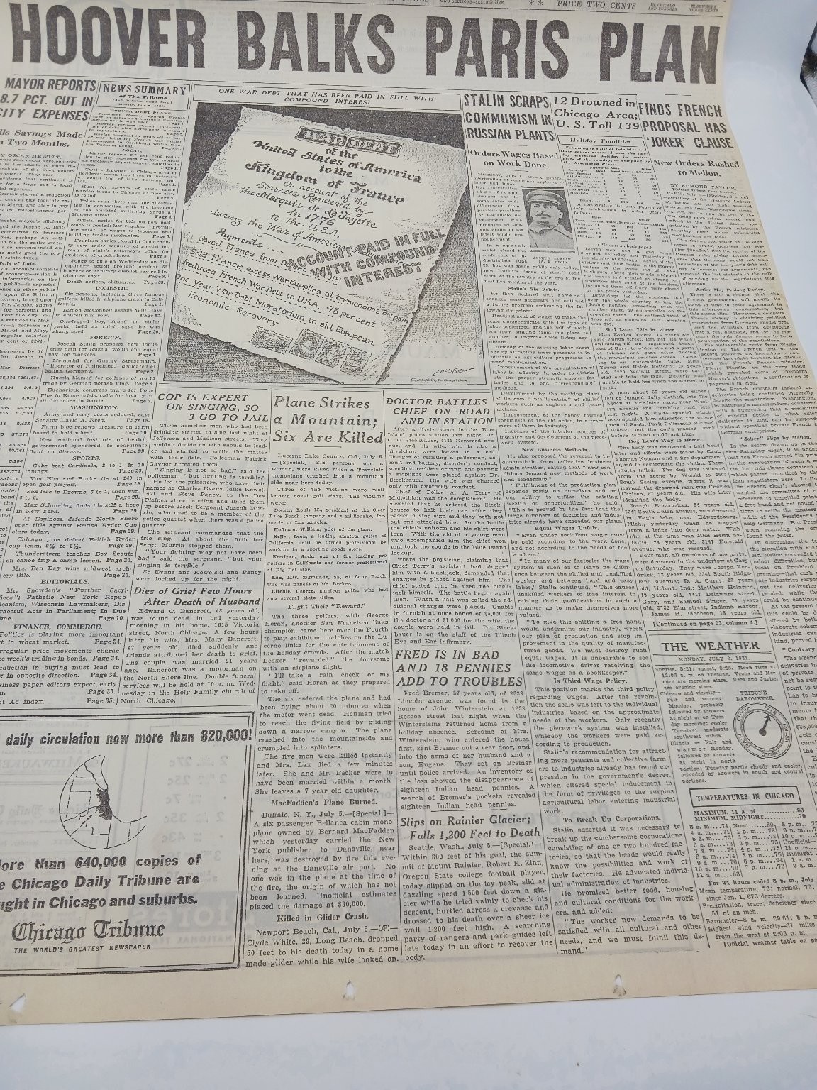 July 1931 Chicago Tribune Hoover Paris Plan Plane Crash Newspaper Page