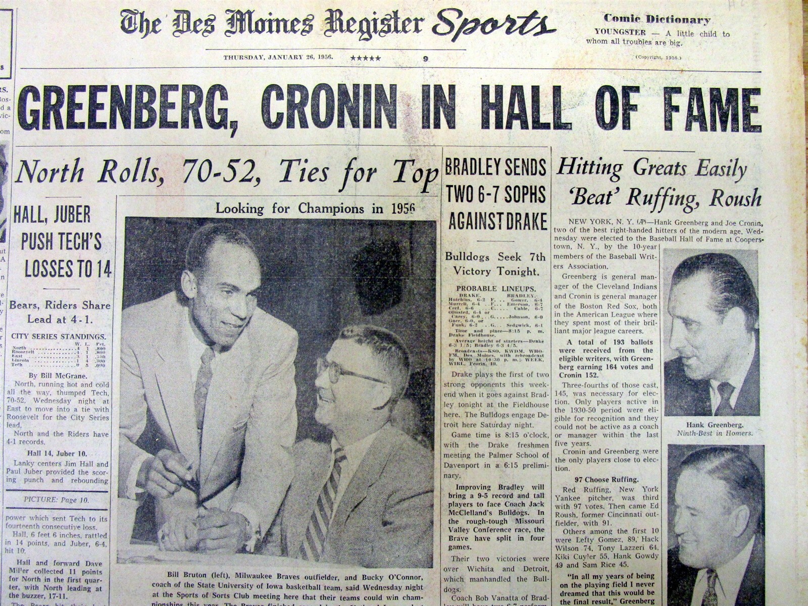 1956 headline newspaper HANK GREENBERG & JOE CRONIN ENTER BASEBALL HALL OF FAME