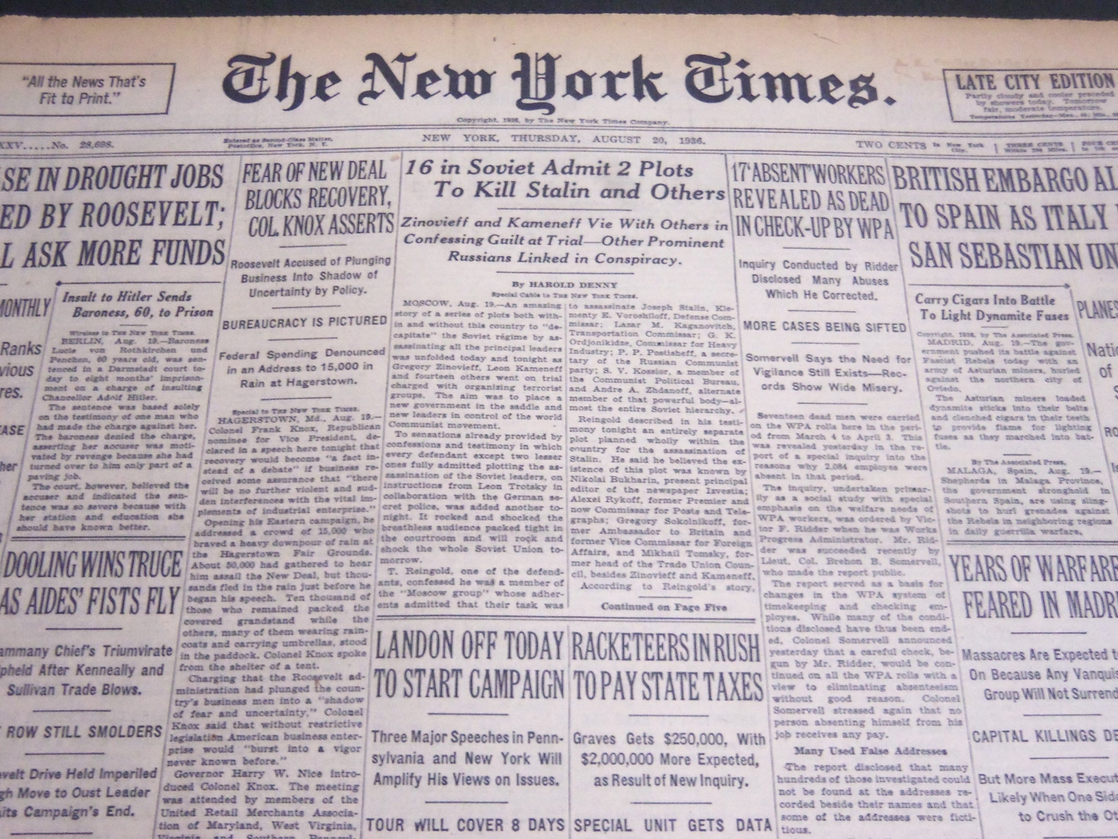 1936 AUGUST 20 NEW YORK TIMES – 16 IN SOVIET ADMIT – NT 6875A