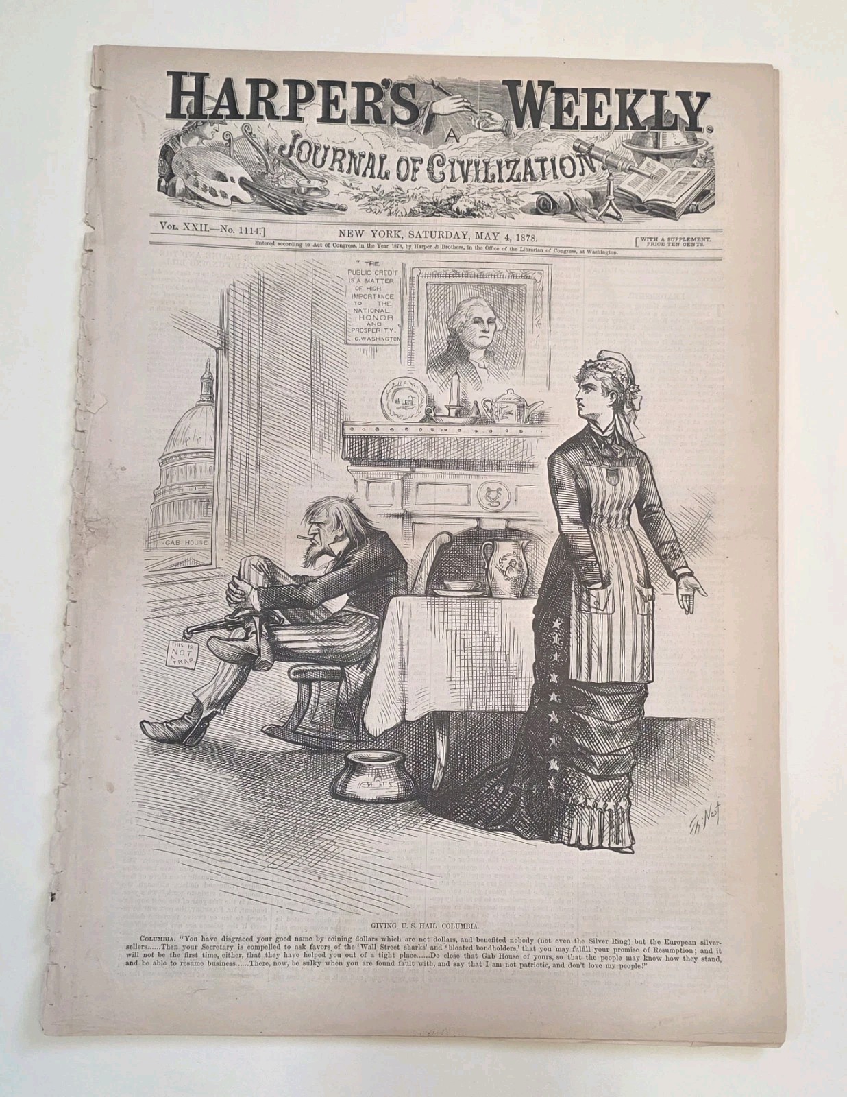 Harpers Weekly May 4, 1878 Full Magazine **Thomas Nast Bears Income Tax Measure*