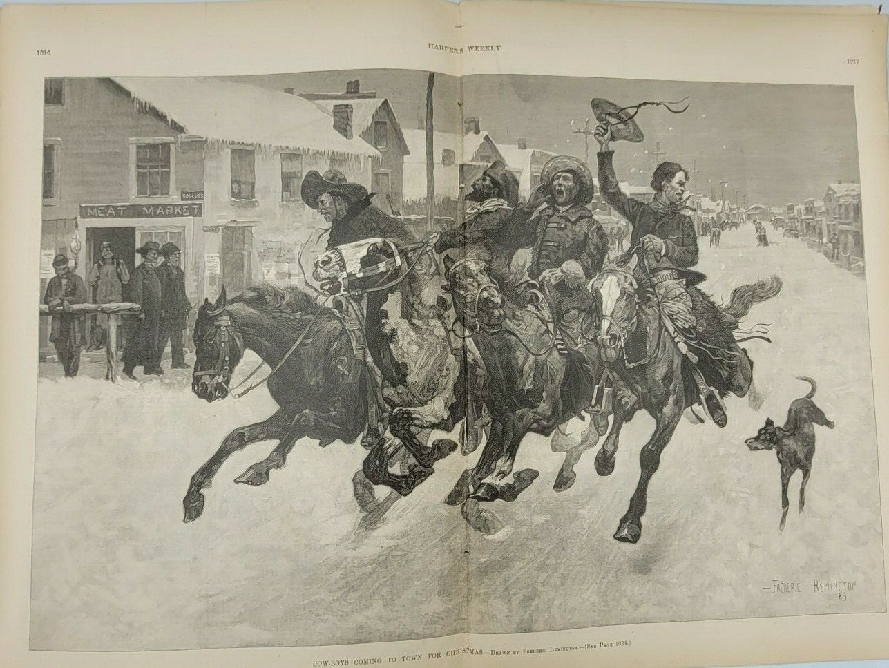 Harpers Weekly 12/21/1889 Remington’s “Cowboys Coming To Town For Christmas”