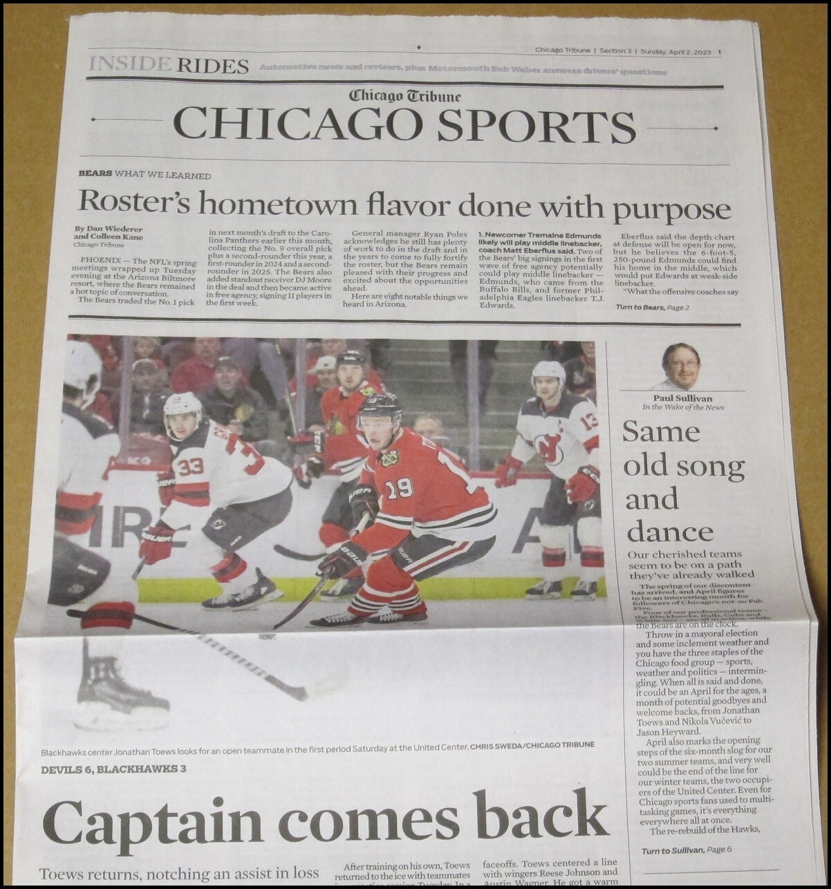 4/2/2023 Chicago Tribune Sports Jonathan Toews Returns to Blackhawks Bears Bulls