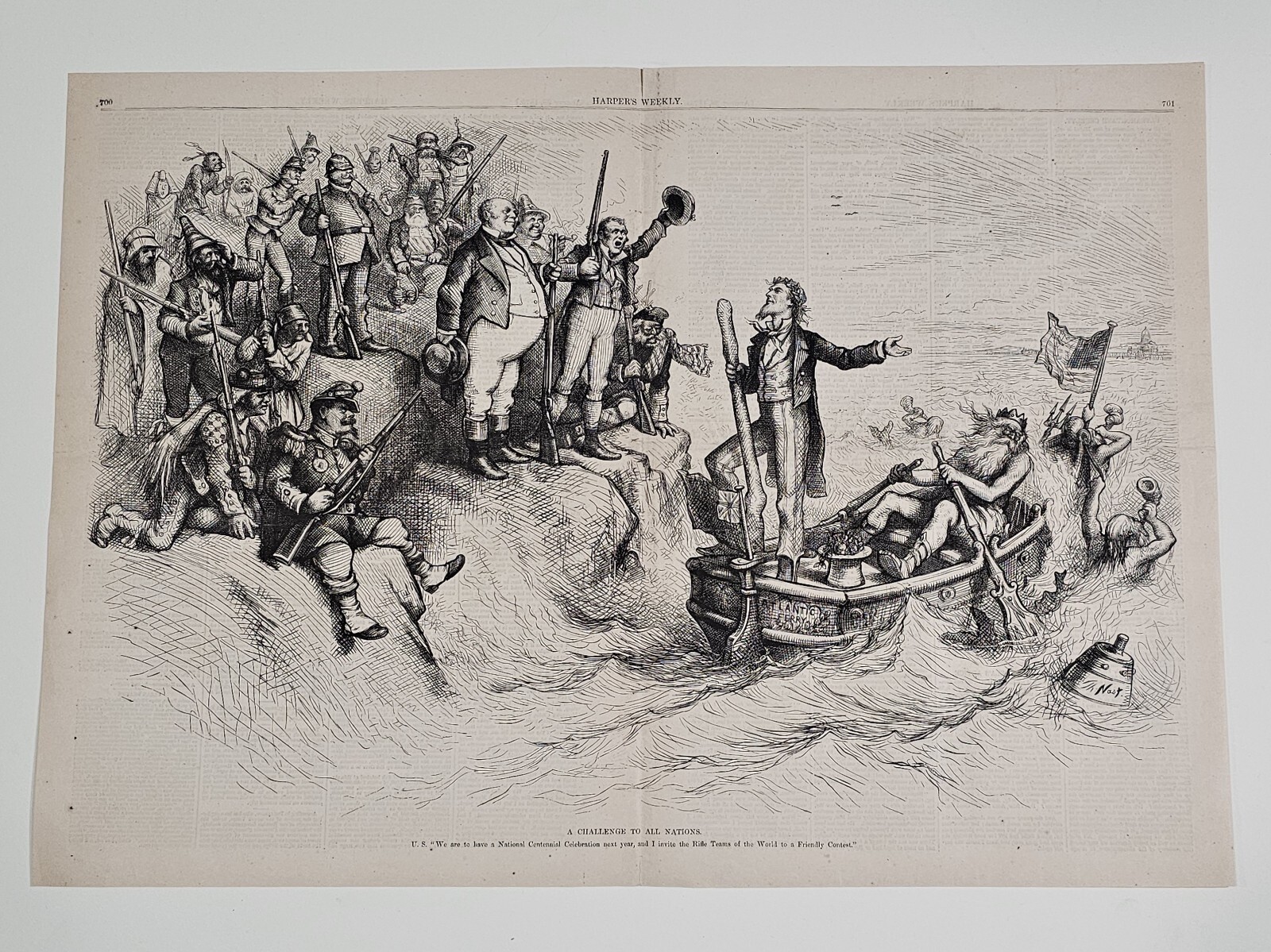 “A CHALLENGE TO ALL NATIONS” THOMAS NAST Rare original antique engraving 1875