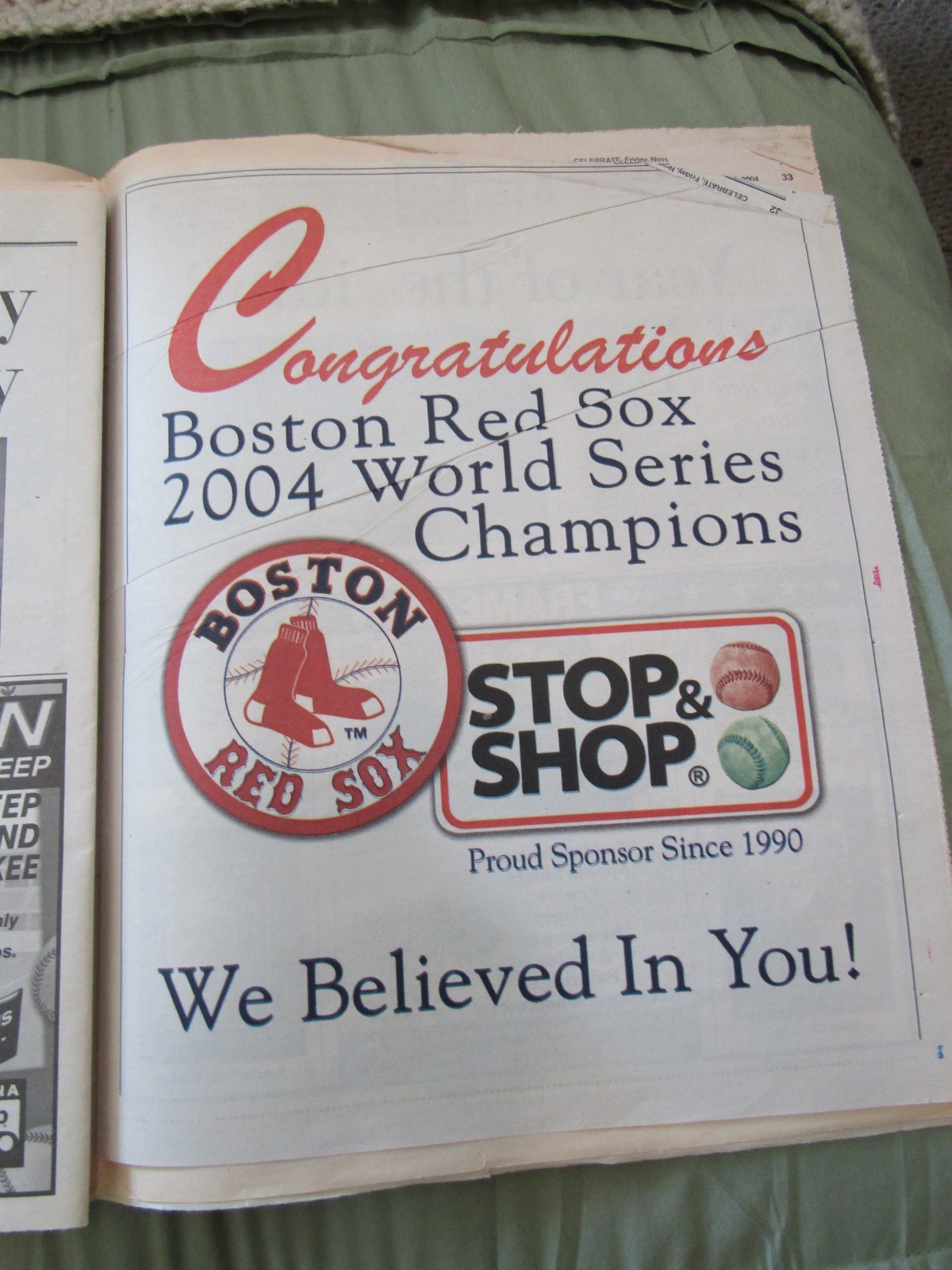 November 2004 Boston Red Sox World Series Champions Celebrate Victory Newspaper
