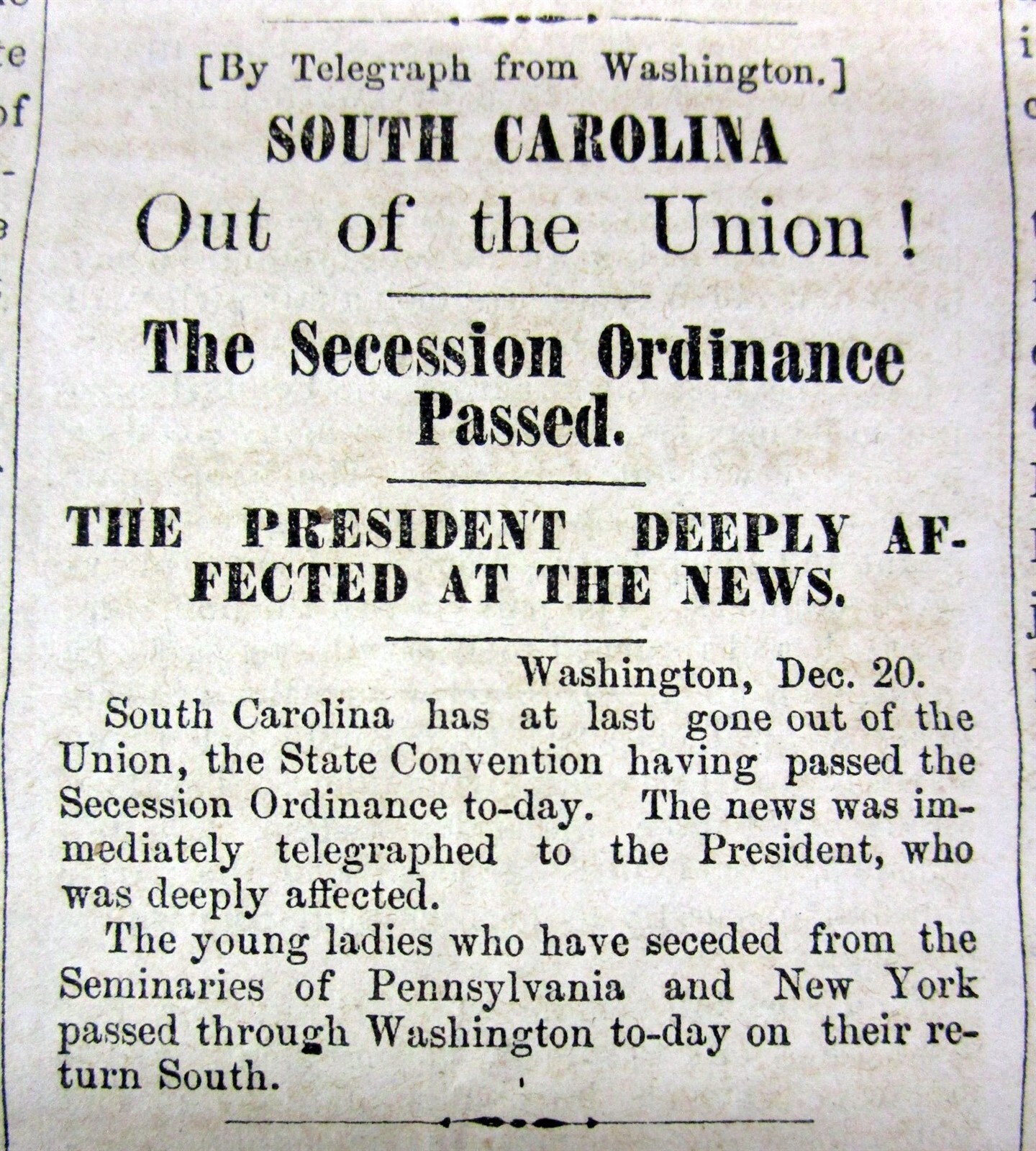 12-22-1860 newspaper wth a 1st news report SOUTH CAROLINA SECEDES from the UNION