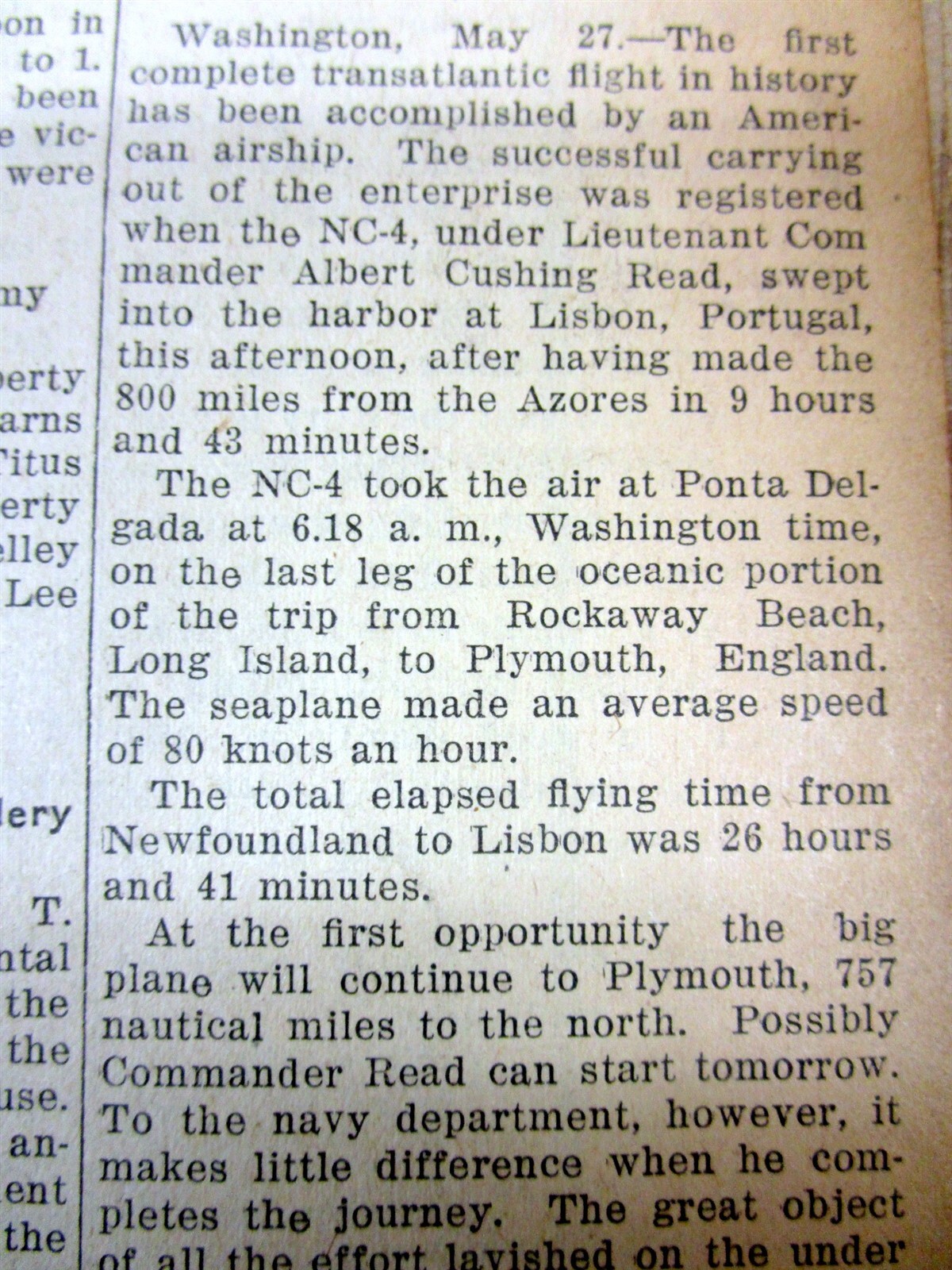 2 1919 newspapers NC-4 AIRPLANE becomes 1st Complete flight over Atlantic Ocean
