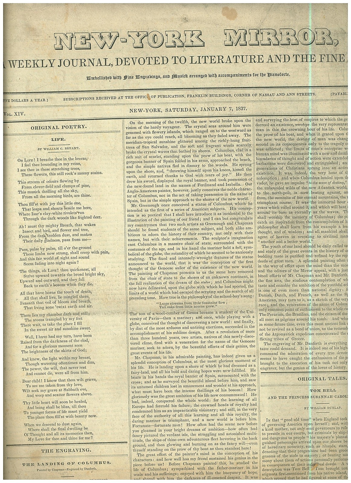 Jan 7 1837 edition of New York Mirror Newspaper Literature & Fine Arts