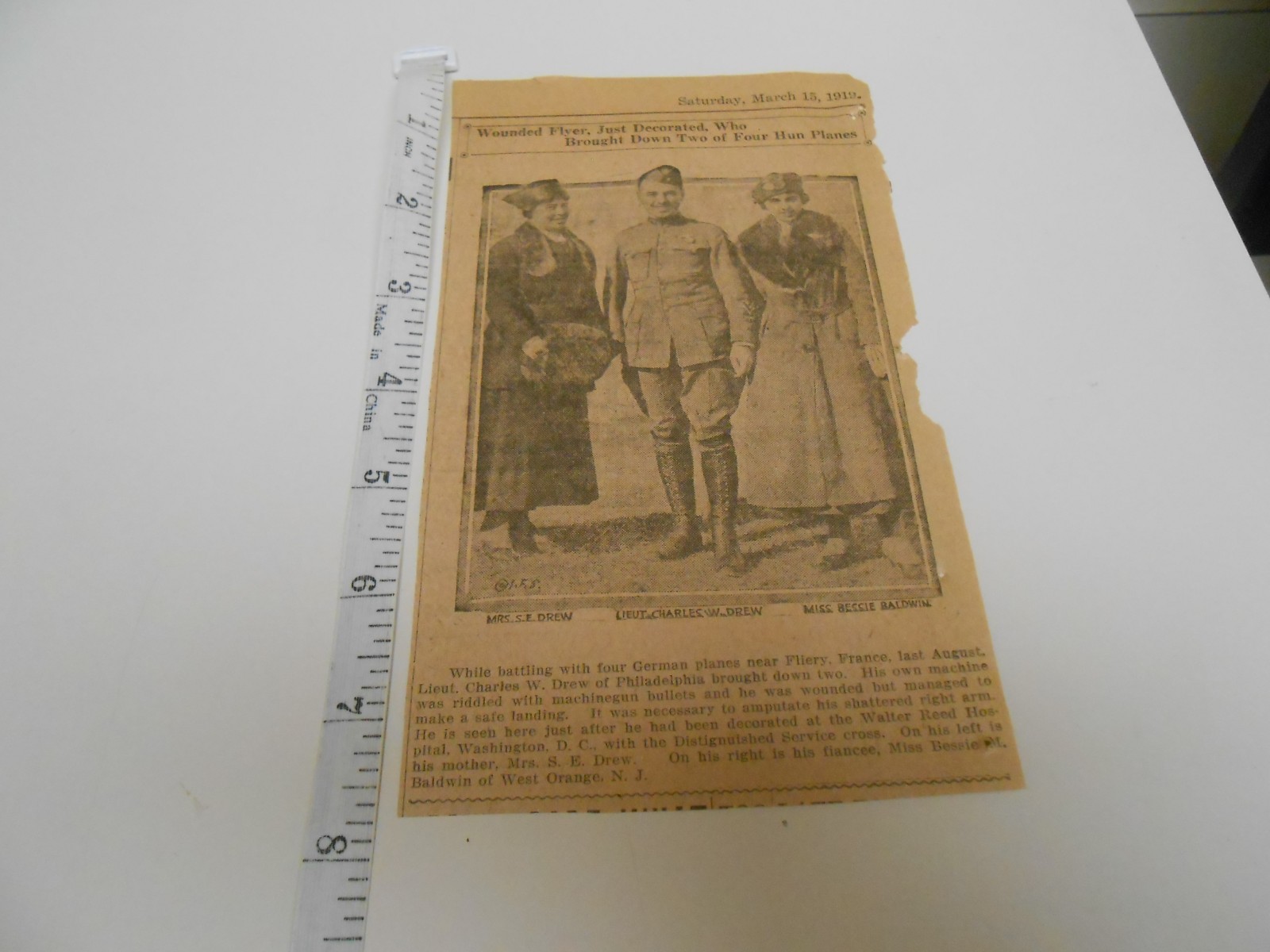 Charles Wallace Drew (1896-1979), Philadelphia WWI Pilot News Clipping