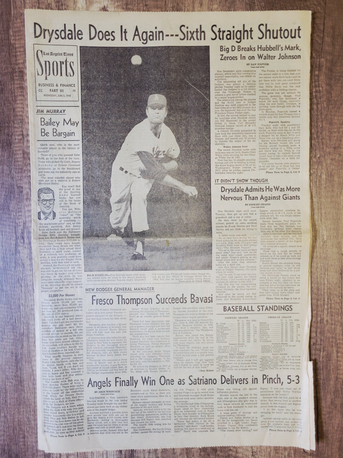 1968 June 5: LA Times Sports Dodgers’ Don Drysdale 6th Consecutive Shut-Out! MLB