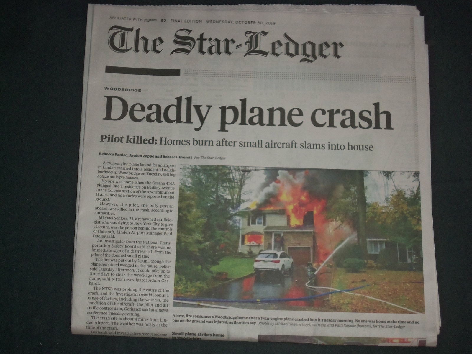 2019 OCTOBER 30 THE STAR-LEDGER NEWSPAPER – DEADLY PLANE CRASH IN COLONIA, NJ