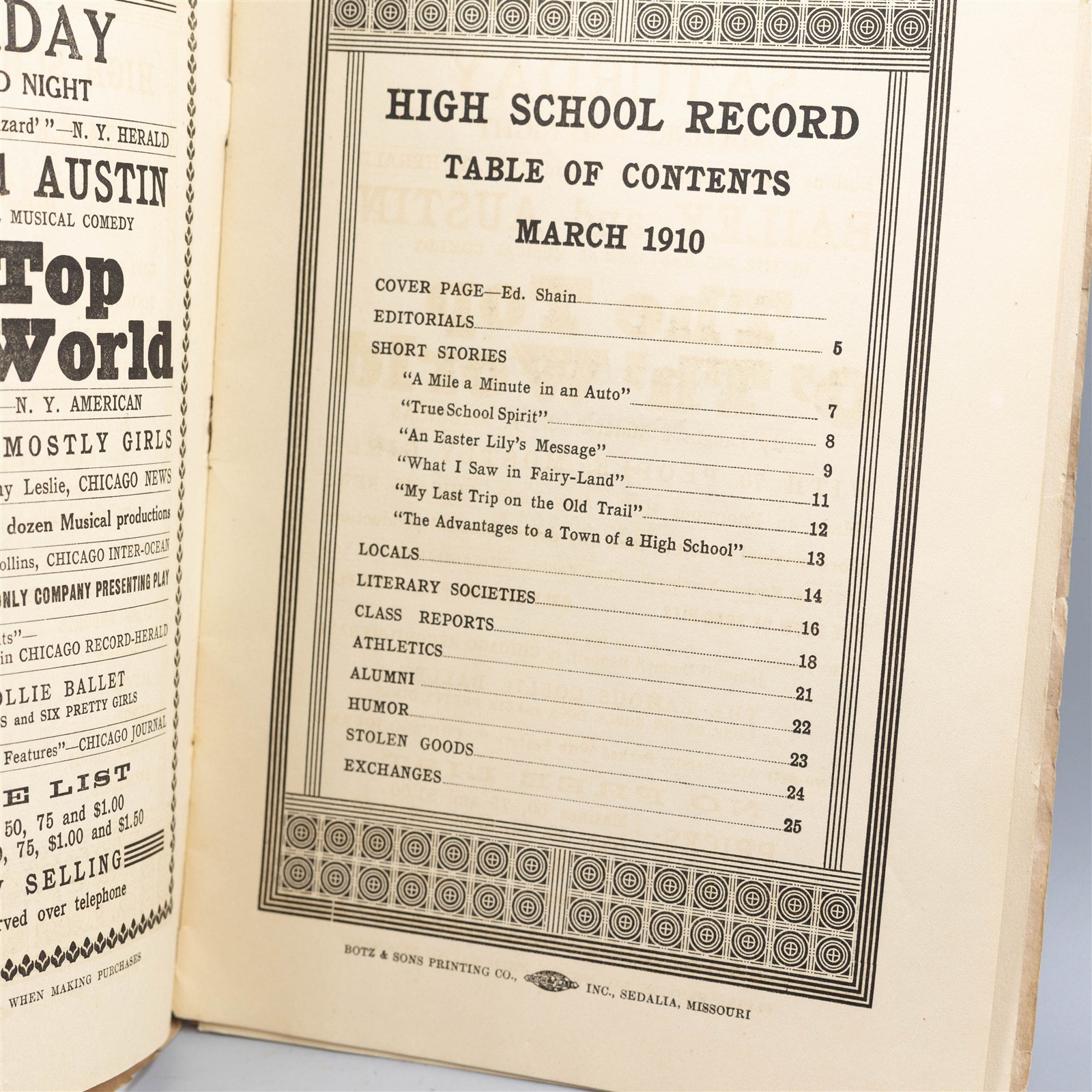1910 Sedalia High School Record Student Newspaper (Missouri) Antique