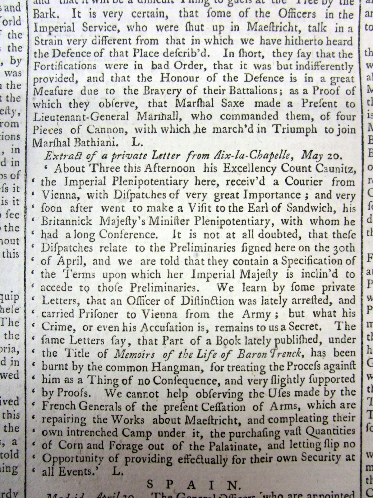 1748 newspaper COLONIAL AMERICAN King Georges WAR ENDS-TREATY of AIX-LA-CHAPELLE