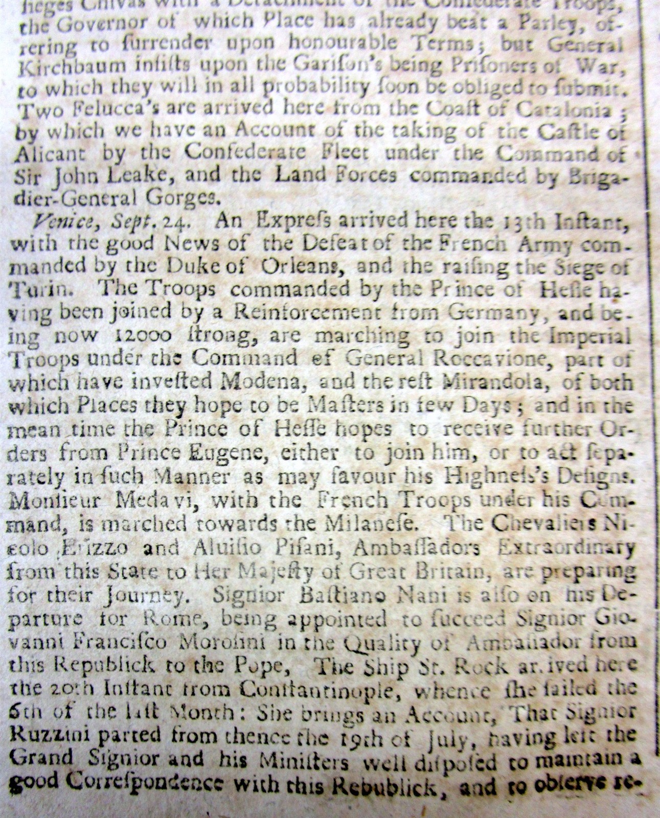 1706 newspaper w SIEGE OF TURIN Italy during The WAR OF THE SPANISH SUCCESSION