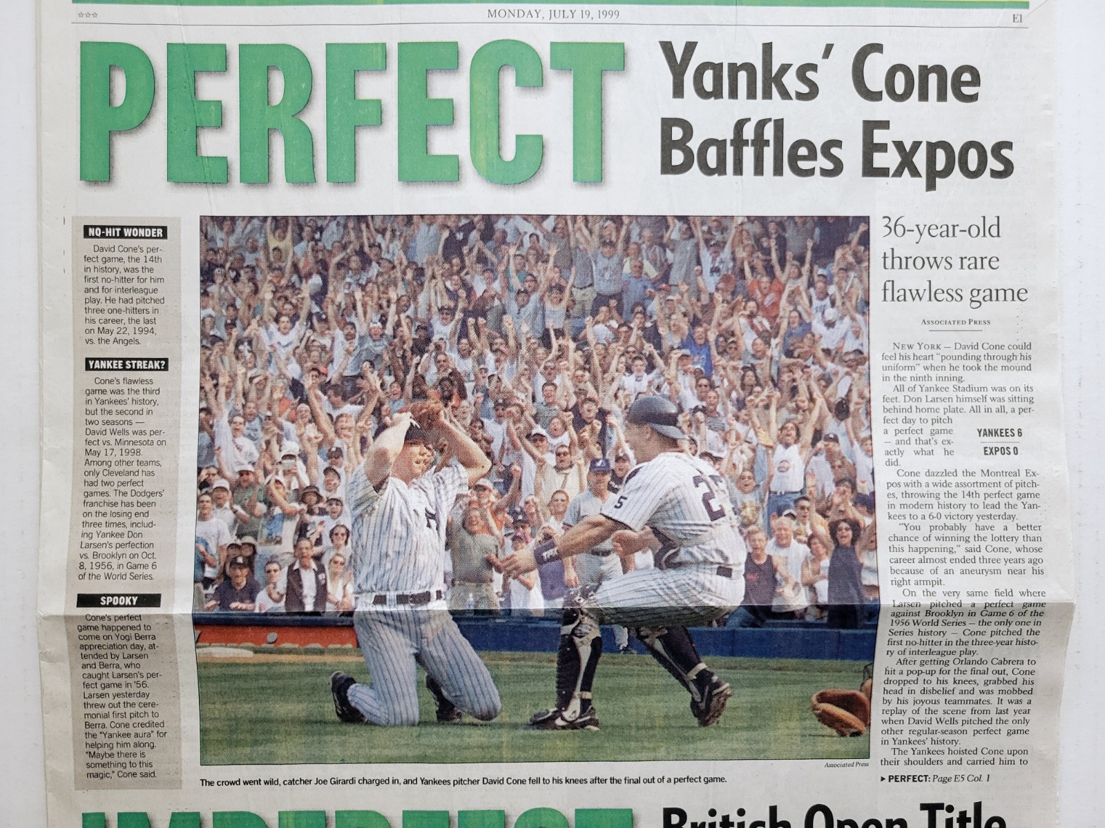 1999 Jul 17: Yankees DAVID CONE Perfect Game! SF Chron, San Jose Merc, USA Today