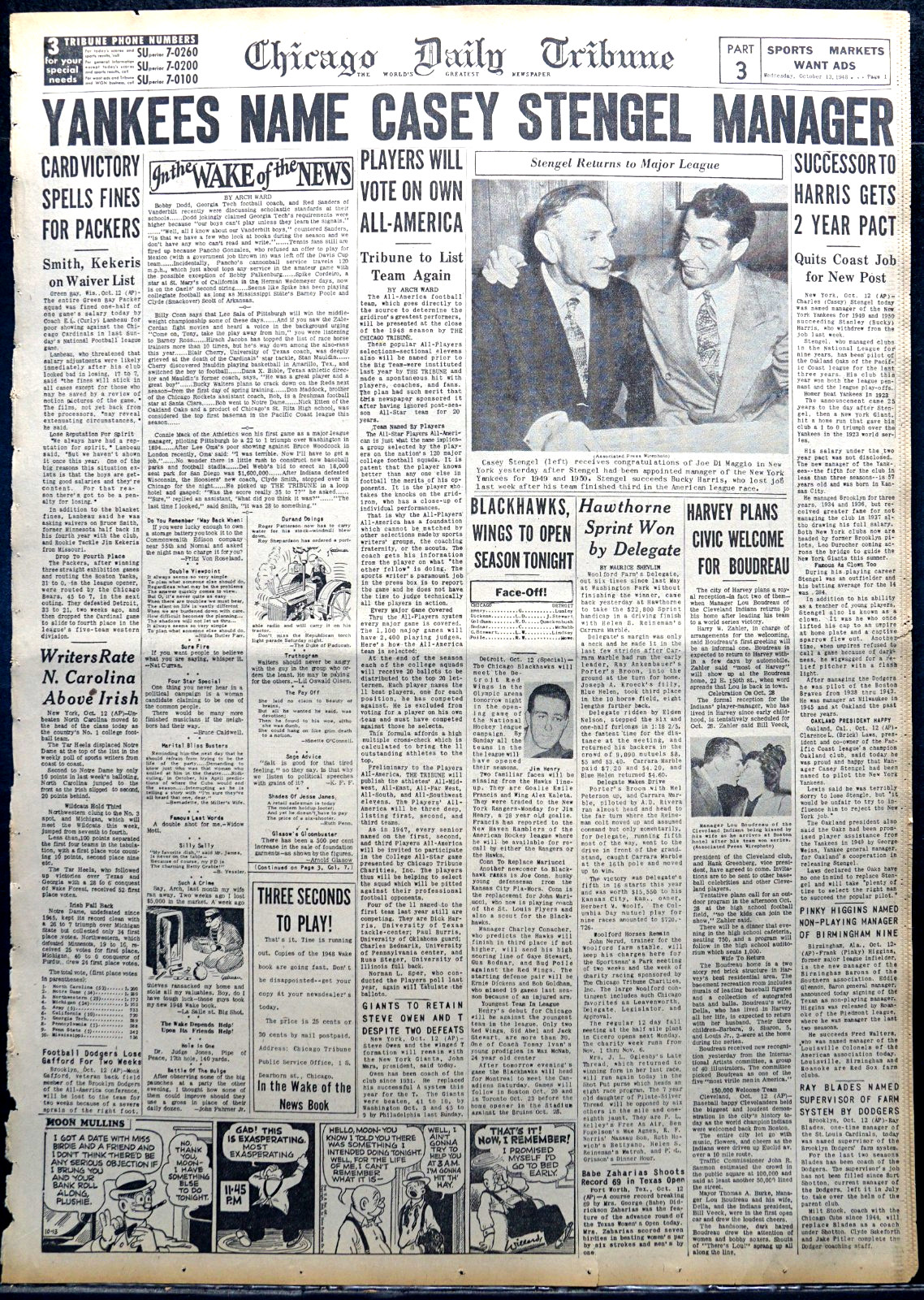 1948 Chicago Sports Page – New York Yankees Name Casey Stengel as Manager