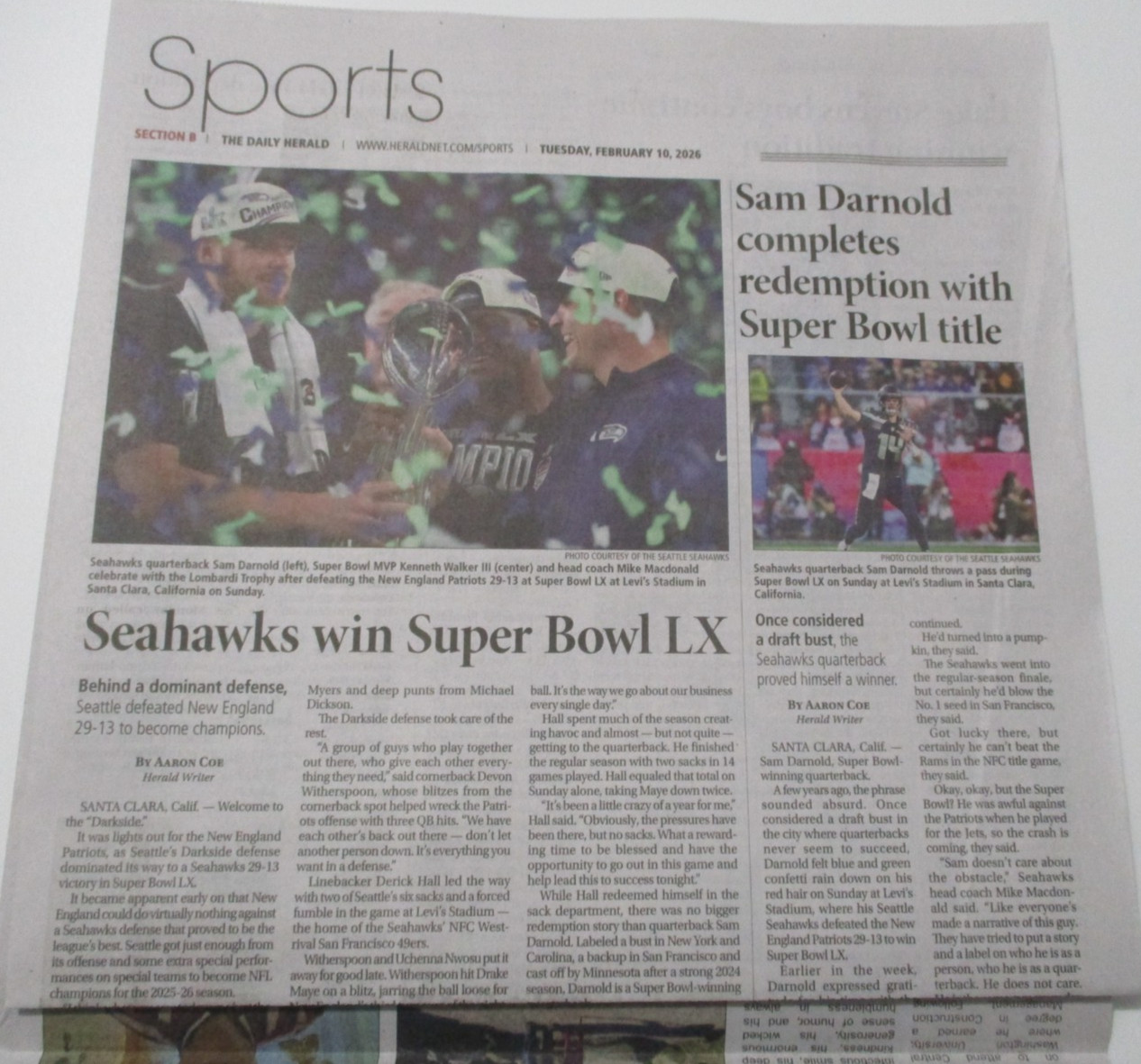 SEATTLE SEAHAWKS FULL NEWSPAPER LOT (2) NFL SUPER BOWL 60 CHAMPS 2/10/26 HERALD